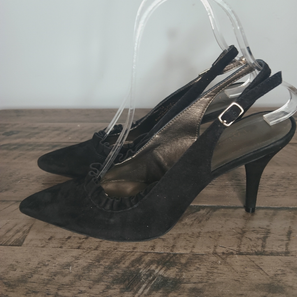 Talbot's Suede Pointed Toe Sling Back Heel With Ruffle Detail
